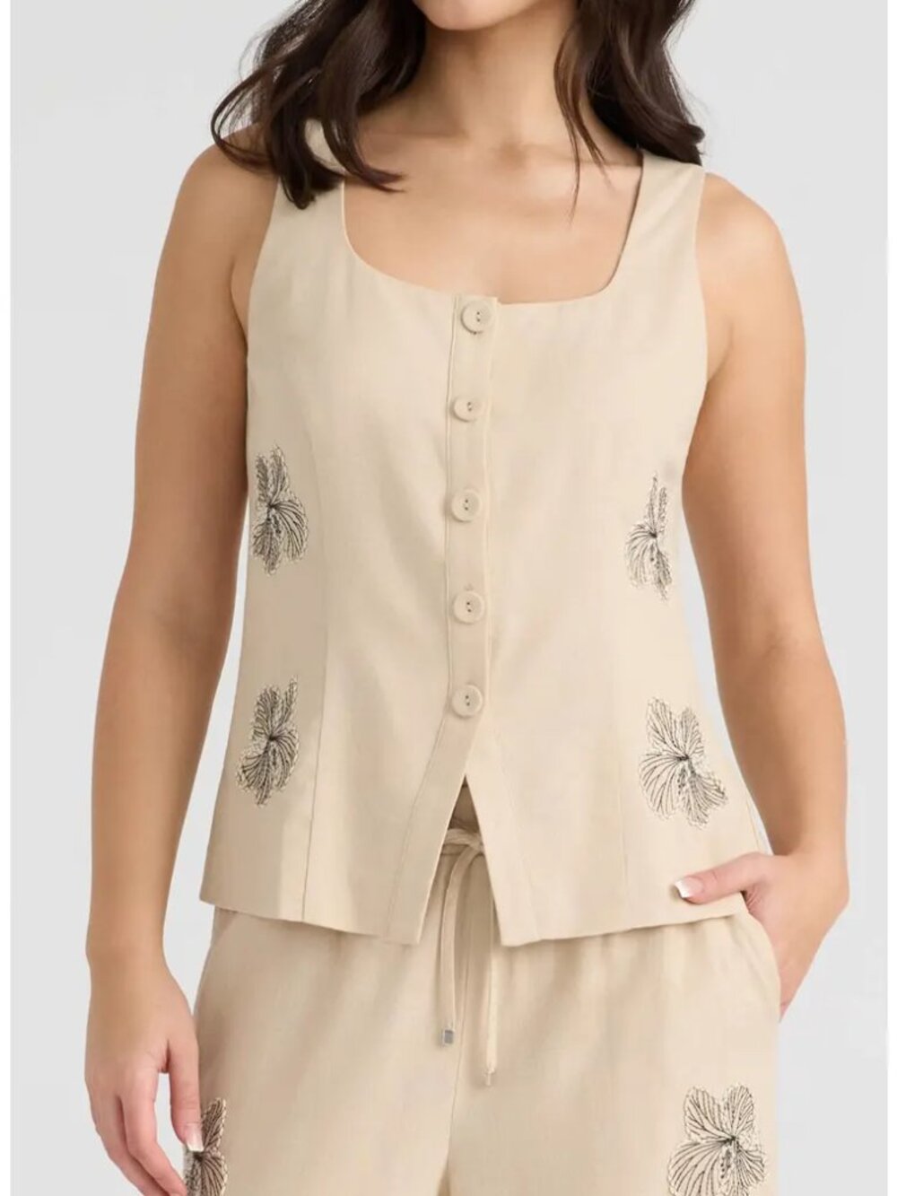 NVLT Beige Linen-Blend Button Front Tank with Black Floral Embroidery